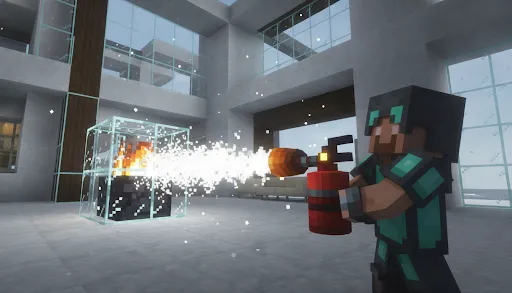 Fire extinguisher prototype simulation inside the Minecraft environment — players navigating a burning room