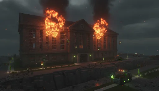 Minecraft disaster simulation environment – dark voxel world with dramatic lighting